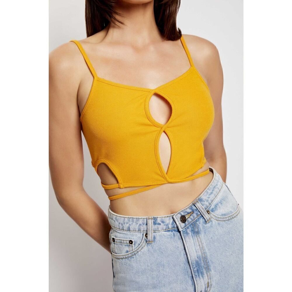 NEW! MESHKI ribbed tan brown ayesha cutout singlet tank top size medium